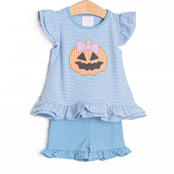 This set features blue striped knit fabric, jack-o'-lantern applique, and flutter shoulders. Coordinating blue ruffle shorts to match.