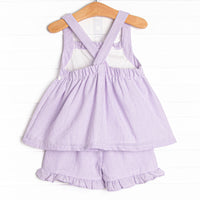 Seersucker Sailor Applique Ruffle Short Set, Purple