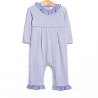  This romper features soft knit material, sweet periwinkle stripes, and snaps in the stride to make changing a breeze. 