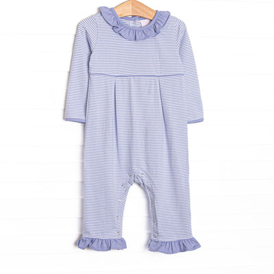  This romper features soft knit material, sweet periwinkle stripes, and snaps in the stride to make changing a breeze. 