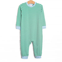 The Romper features kelly green stripes, snaps in the stride to make changing a breeze, and soft knit material.
