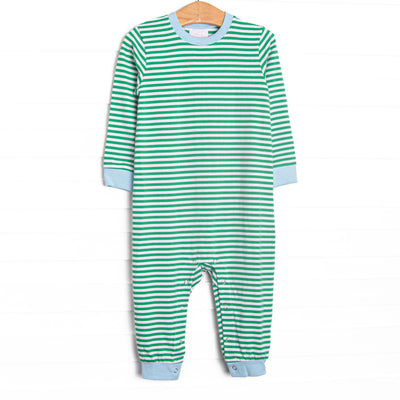 The Romper features kelly green stripes, snaps in the stride to make changing a breeze, and soft knit material.
