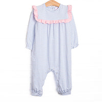 The romper features the softest knit material, snaps in the stride to make changing a breeze, and light blue stripes.