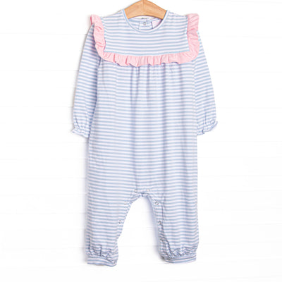 The romper features the softest knit material, snaps in the stride to make changing a breeze, and light blue stripes.