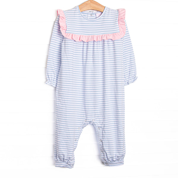 The romper features the softest knit material, snaps in the stride to make changing a breeze, and light blue stripes.