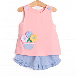 Potted Petals Applique Short Set, Pink