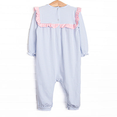 Bonnie Long Sleeve Ruffle Romper, Pink and Light Blue Stripe