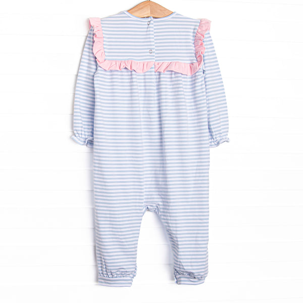 Bonnie Long Sleeve Ruffle Romper, Pink and Light Blue Stripe
