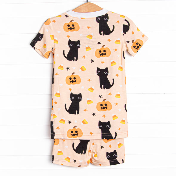 Feline Spooky Bamboo Pajama Short Set, Orange