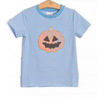  This top features blue striped knit fabric, jack-o'-lantern applique, and short sleeves. 