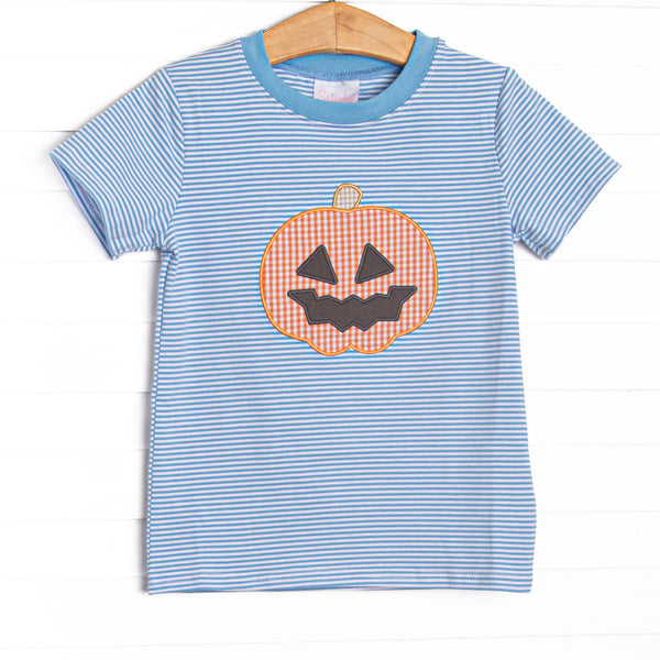  This top features blue striped knit fabric, jack-o'-lantern applique, and short sleeves. 