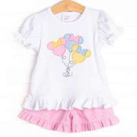 A sweet array of gingham mouse ears completes the balloon bouquet applique. Ruffle trim on the shirt and pink gingham shorts