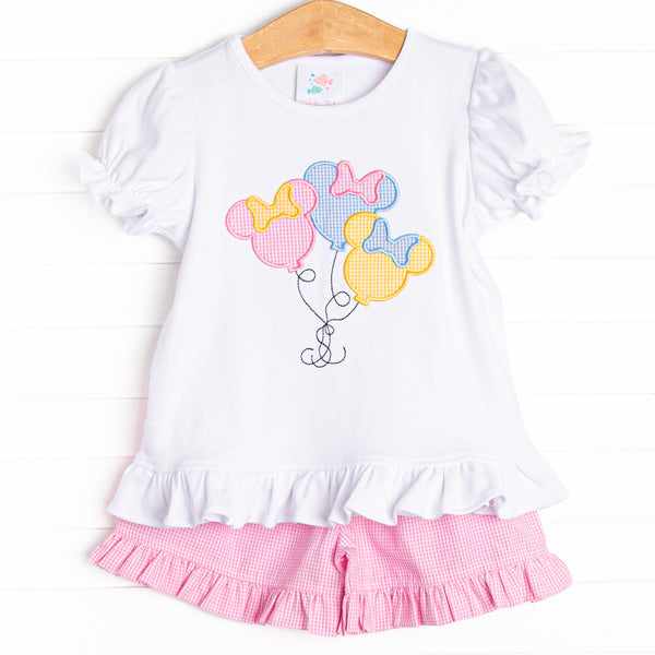 A sweet array of gingham mouse ears completes the balloon bouquet applique. Ruffle trim on the shirt and pink gingham shorts