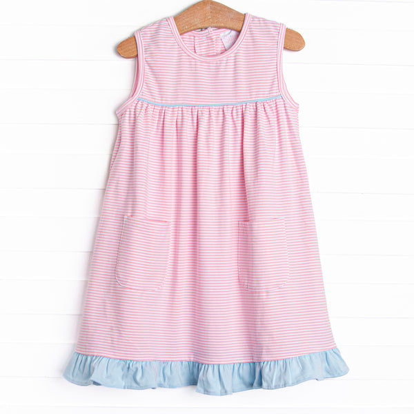 Elle Ruffle Dress, Blue and Pink Stripe