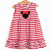  Join in on the mouse club with this&nbsp;red and white stripe print, a ruffle neck and hem dress&nbsp;with a&nbsp;simple yet magical mouse applique. 