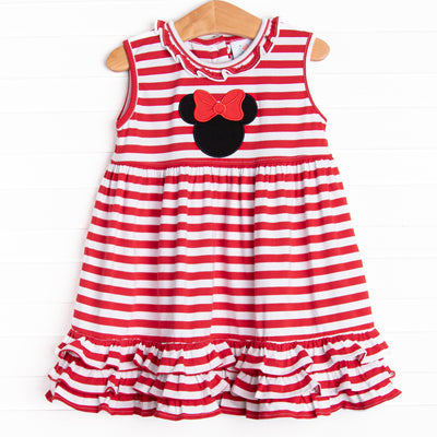  Join in on the mouse club with this&nbsp;red and white stripe print, a ruffle neck and hem dress&nbsp;with a&nbsp;simple yet magical mouse applique. 