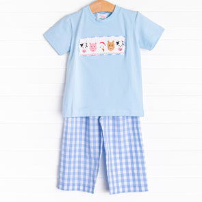 Farm Friends Smocked Pant Set, Blue