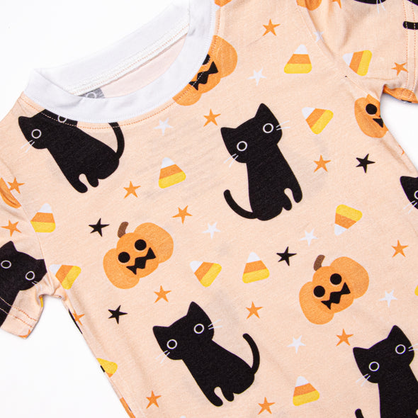 Feline Spooky Bamboo Pajama Short Set, Orange