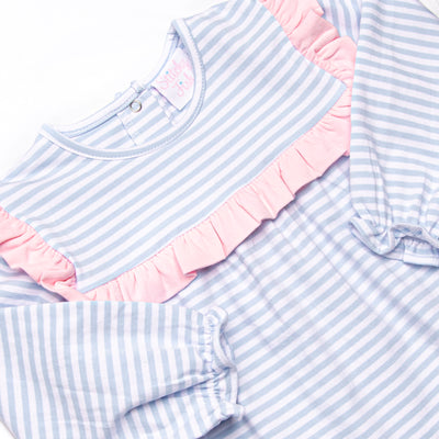 Bonnie Long Sleeve Ruffle Romper, Pink and Light Blue Stripe