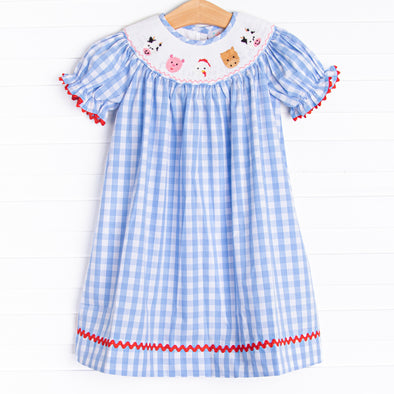 Girl's Farm Friends Smocked Bishop Dress in Blue size 7 | Stitchy Fish Girl's Farm Friends Smocked Bishop Dress in Blue size 7 | Stitchy Fish
