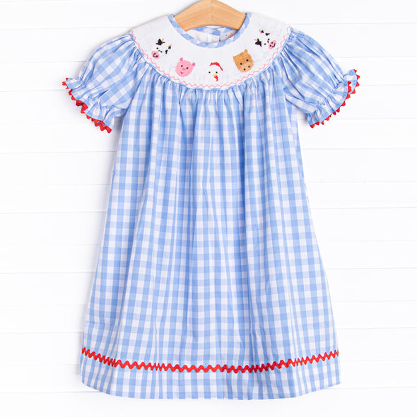 Farm Friends Smocked Bishop Dress, Blue