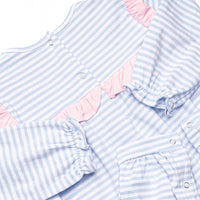 Bonnie Long Sleeve Ruffle Romper, Pink and Light Blue Stripe
