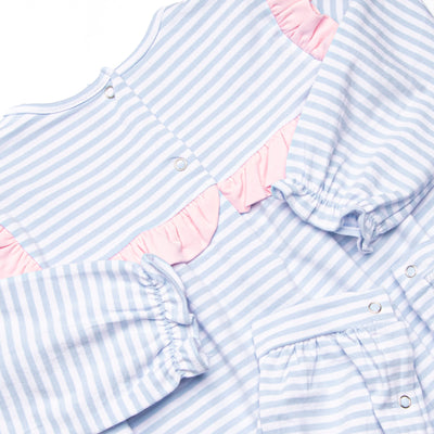 Bonnie Long Sleeve Ruffle Romper, Pink and Light Blue Stripe