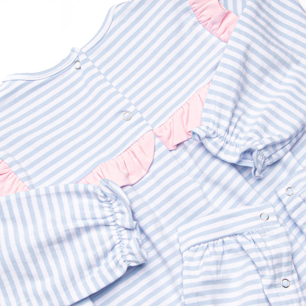 Bonnie Long Sleeve Ruffle Romper, Pink and Light Blue Stripe