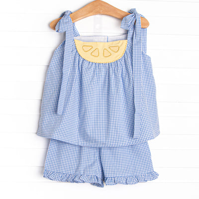 Lemon Grove Gingham Applique Ruffle Short Set, Blue