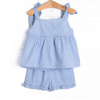 Lemon Grove Gingham Applique Ruffle Short Set, Blue