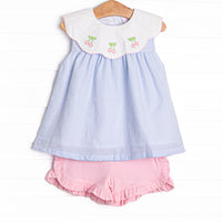 Tart Trio Embroidered Short Set, Blue Seersucker