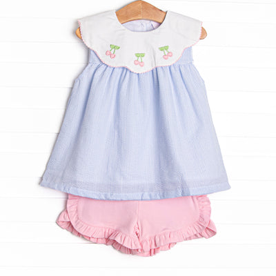 Tart Trio Embroidered Short Set, Blue Seersucker