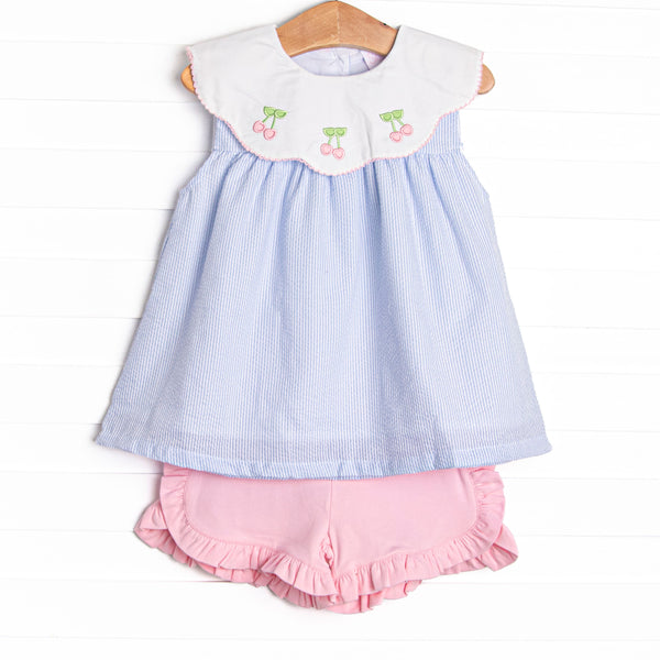 Tart Trio Embroidered Short Set, Blue Seersucker