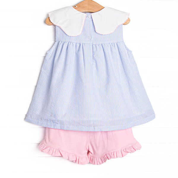 Tart Trio Embroidered Short Set, Blue Seersucker