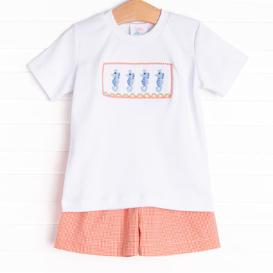 Seahorse Somersaults Smocked Short Set, Orange