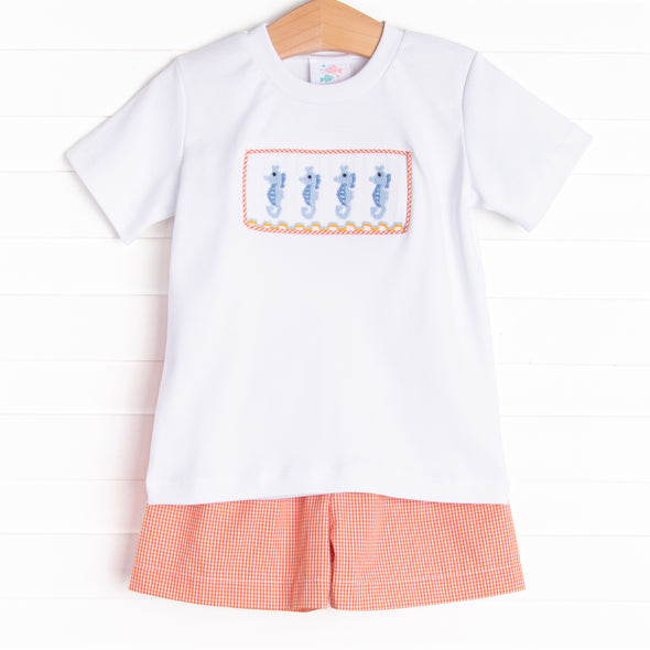 Seahorse Somersaults Smocked Short Set, Orange