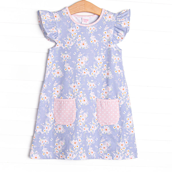 Periwinkle Petals Pocket Flutter Sleeve Dress, Purple