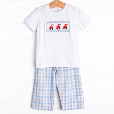 Railway Express Smocked Pant Set, Blue