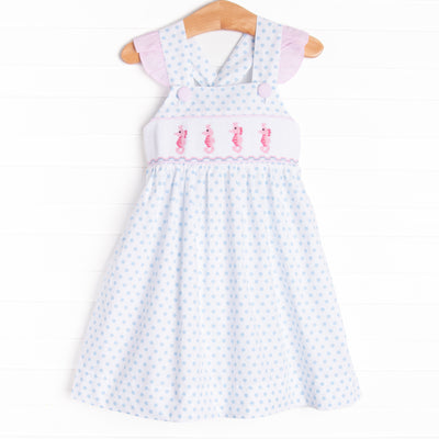 Seahorse Somersaults Smocked Dress, Blue