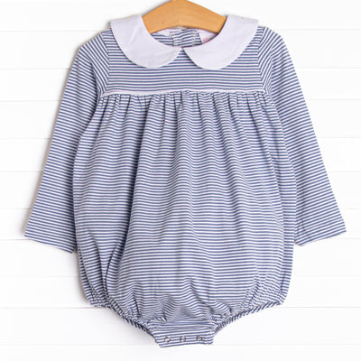  The bubble features a sweet Peter Pan collar, blue stripes, and the softest knit material. 