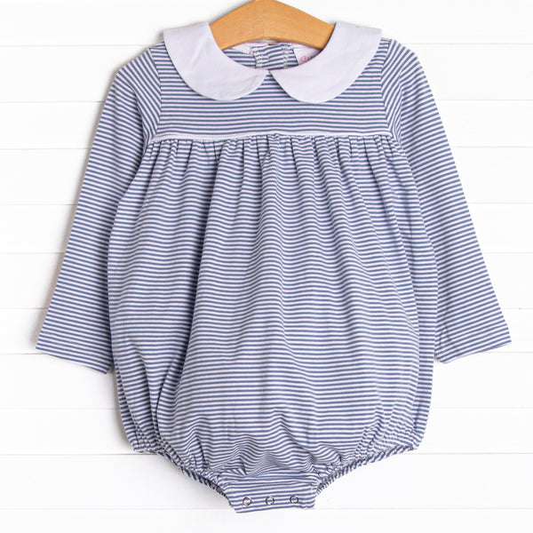 The bubble features a sweet Peter Pan collar, blue stripes, and the softest knit material. 