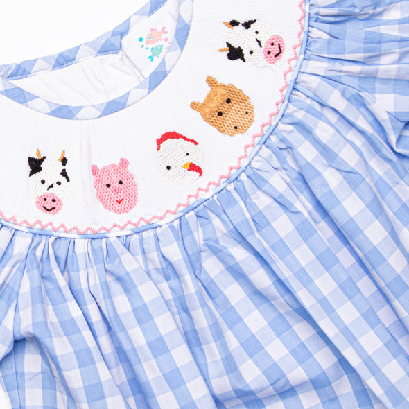 Farm Friends Smocked Bishop Dress, Blue