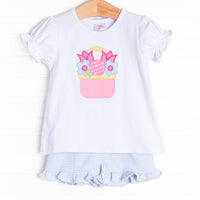 Basket of Blooms Applique Ruffle Short Set, Blue