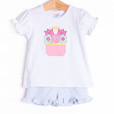 Basket of Blooms Applique Ruffle Short Set, Blue