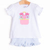 Basket of Blooms Applique Ruffle Short Set, Blue