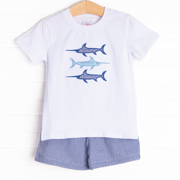 Trophy Fish Trio Applique Short Set, Blue