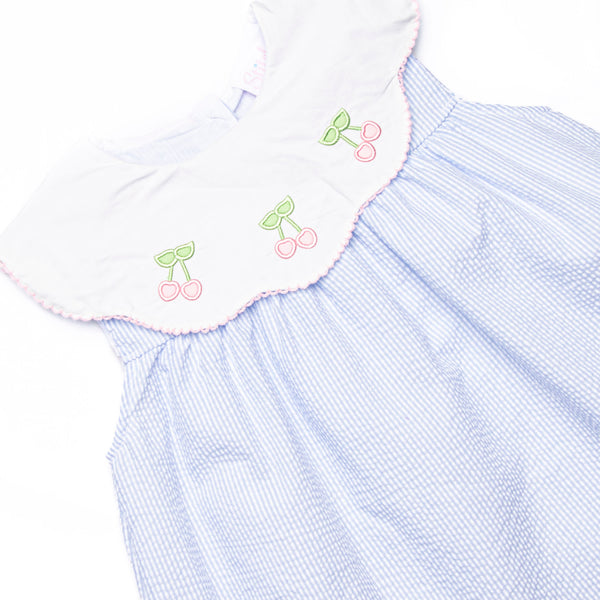 Tart Trio Embroidered Short Set, Blue Seersucker