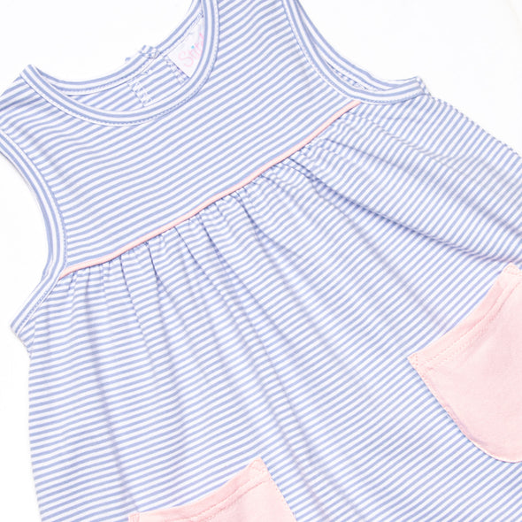 Elle Ruffle Dress, Pink and Periwinkle Stripe