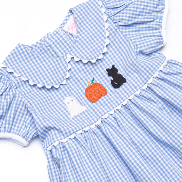 Fright Night French Knot Embroidered Dress, Blue
