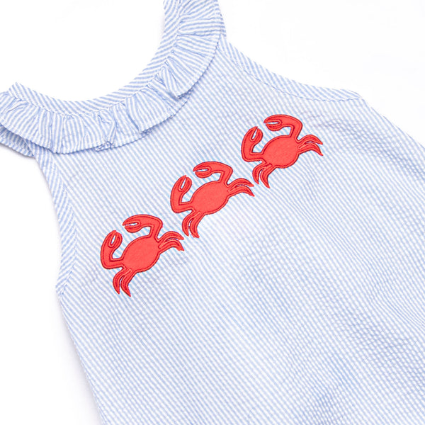 Sandy Shuffle Applique Ruffle Sunsuit, Blue